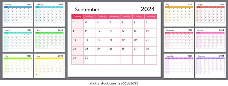 2024 year planner template, calendar design. Wall or table annual schedule layout for 12 months, week starts on sunday. Blank daily organizer in rainbow colors, vector illustration