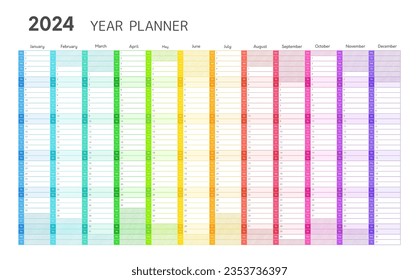 Planner de 2024, calendario mural para la agenda diaria y mensual. Plantilla de planificación de año con cuadrícula vertical de doce meses en colores arcoiris, ilustración vectorial