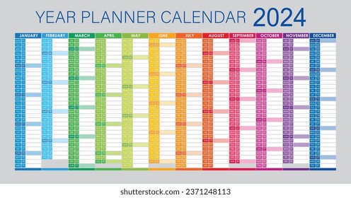 2024 Year Planner - Wall Planner Calendar Colorful - Full Editable - Vector Light