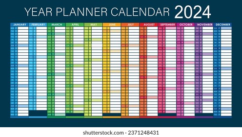  2024 Year Planner - Wall Planner Calendar Colorful - Full Editable - Vector Dark