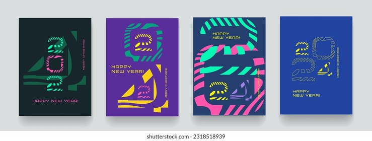 2024 year in purple, blue, yellow, green color background. Happy new year and christmas. Abstract design typography for banner, poster, background or card. Vector technology numbers.