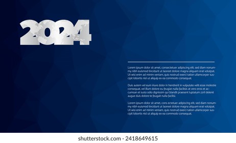 Icono de plata de 2024 años con contorno de mapa mundial. Patrón triangular abstracto. Fondo vectorial de gradiente azul con texto de ejemplo. Elemento para negocios, diseño web, infografía, evento, página, presentación