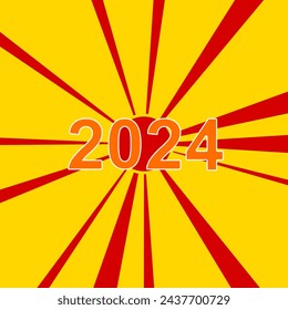 2024 year symbol on a background of red flash explosion radial lines. The large orange symbol is located in the center of the sun, symbolizing the sunrise. Vector illustration on yellow background