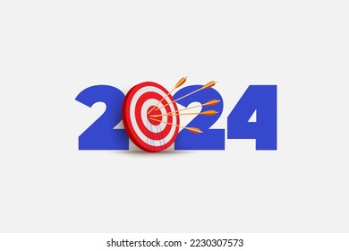 2024 year and target board for setup New Year business objective and goal concept. New Year realistic target and goals with symbol numbers of 2024 from red archery target, arrows archer and number.