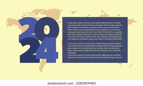 2024 year vector icon. Blue symbol with sample text. Dotted world map background. Element for business, web design, infographic, event, page, presentation, plan