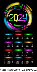 2024 year vertical calendar with neon circle frame with golden glow on black background. Vector glitter design background for business organizer, poster. Hi-tech digital style