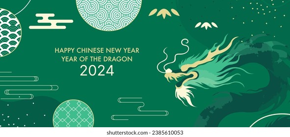 2024 Year of the Wood Green Dragon. Chinese New Year Celebration Banner Design. Traditional, Festive, and Artistic Lunar Year Illustration Diagonal Template for Greeting Cards and Events