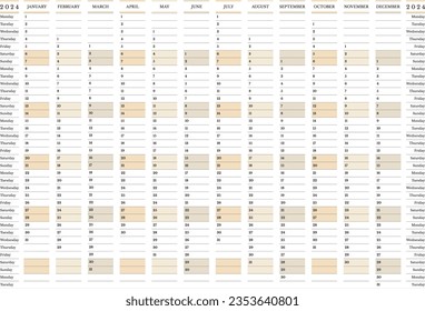 2024 yearly calendar, 12 months large minimalist planner Monday start, landscape orientation