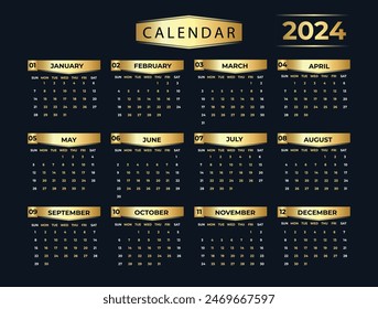 2024 yearly calendar in Golden Color, Week Starts On Sunday