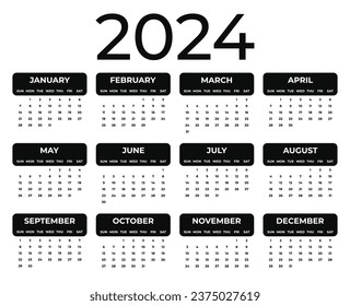 2024 Yearly Calendar Template on a White Background