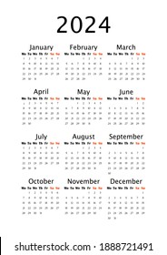 2024 Yearly calendar template, vertical A4 format, week starts Monday. Annual calendar template for business office. Big letter size wall calendar. Classic annual planner on white background