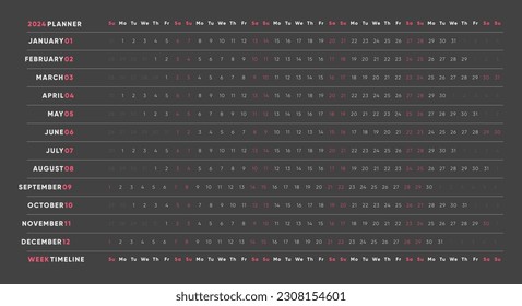 Jahresplan 2024: Schwarze Grid Kalender Vorlage mit Monatslayout. Entwickelt für Desktop Wall Display, ideal für Office, Work, Study und Management.