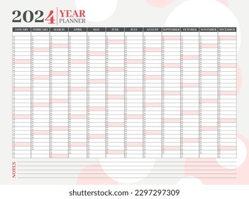 2024 yearly planner or organizer design template with red color. Schedule page journal, stationary calendar, corporate planner