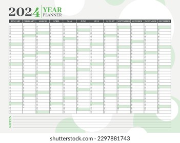 2024 yearly planner or organizer design template with green color. Schedule page journal, stationary calendar, corporate planner