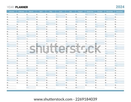 2024 yearly planner or organizer design template, ready for print. Schedule page journal, stationery calendar, corporate planner, 12 month vector illustration