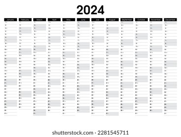 2024 Yearly wall planner. Black and white calendar vector design template with holidays. Sunday, Saturday highlighted. Horizontal annual worldwide printable planner. 