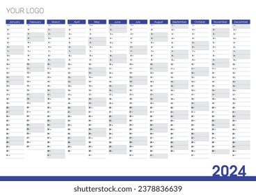 2024 Yearly wall planner. Blue calendar vector design template with holidays. Sunday, Saturday are highlighted. Horizontal office annual worldwide printable planner. White background