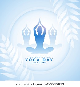 2024 yoga day blue background, woman in yoga posture surrounded by leaves vector