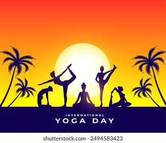 2024 yoga day morning poster, group of woman doing yoga body posture vector