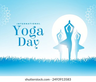 2024 yoga day sunrise poster woman doing exercise in grass vector