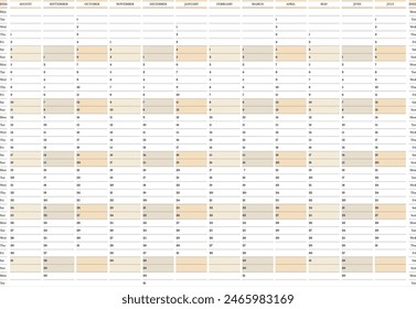 2024-2025 Academic year wall planner from August Monday start