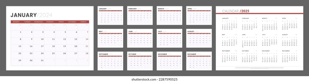 2024-2025 Calendar Planner Template. Vector layout of a wall or desk simple calendar with week start monday. Set of monthly and annual page calendar. Minimalist corporate calendar design for print.