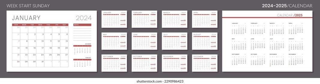 2024-2025 Calendar Planner Template. Vector layout of a wall or desk simple calendar with week start sunday. Set of monthly and annual page calendar. Minimalist corporate calendar design for print.