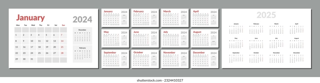 2024-2025 Calendar Planner Template. Vector layout of a wall or desk simple calendar with week start Monday. Calendar grid in grey color for print