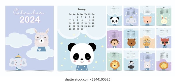 2024,cute monthly planner background with cloud,animal.Vector illustration for kid and baby.Editable element