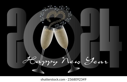 2024-Greeting card or banner for lovers with 2 glasses of champagne from which a starry heart comes out - English text.