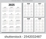 2025, 2026, 2027, 2028, 2029 french year calendars. Printable vector illustration set for France - calendrier