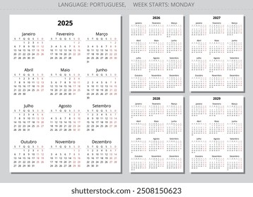 2025, 2026, 2027, 2028, 2029 año Calendarios portugueses. Conjunto de Ilustración vectorial de Vertical imprimible para Portugal