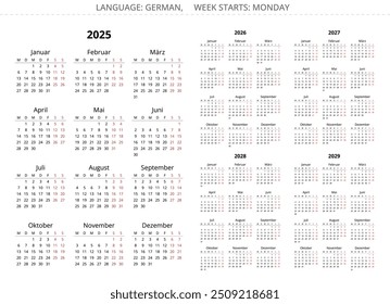 2025, 2026, 2027, 2028, 2029 calendário alemão vertical. Ilustração de vetor imprimível definida para a Alemanha