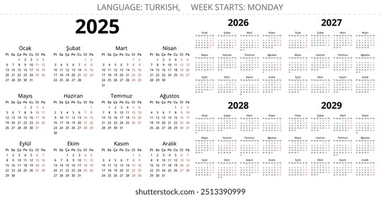 2025, 2026, 2027, 2028, 2029 calendários turcos. Ilustração vetorial imprimível para a Turquia