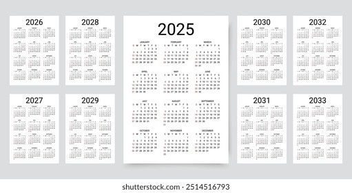 Kalender für 2025, 2026, 2027, 2028, 2029, 2030, 2031, 2032, 2033 Jahre. Die Woche beginnt am Sonntag. Einfache Kalandervorlage. Planer-Layout mit 12 Monaten. Jährliches Tagebuch. Organizer auf Englisch. Vektorgrafik