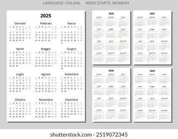 2025, 2026, 2027, 2028, 2029 calendários italianos (calendario italiano). Ano de ilustração vetorial editável definido para a Itália