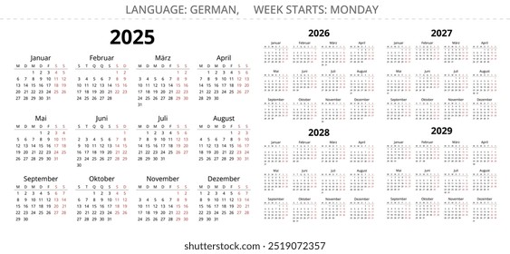 2025, 2026, 2027, 2028, 2029 calendários alemães. Ilustração de vetor imprimível definida para a Alemanha.