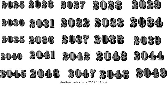 2025 2026 2027 2028 2029 2030 New Year dates with minimalist design. vector set of silhouettes of flowers