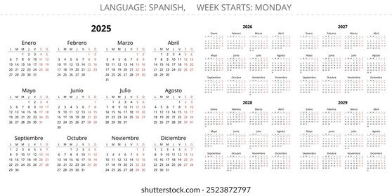 2025, 2026, 2027, 2028, 2029 spanish calendars set. Minimalistic vector illustration design with clean layout. Spain. 