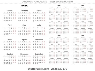 Calendarios anuales portugueses de 2025, 2026, 2027, 2028 y 2029. Colección de Ilustración vectorial imprimible para Portugal