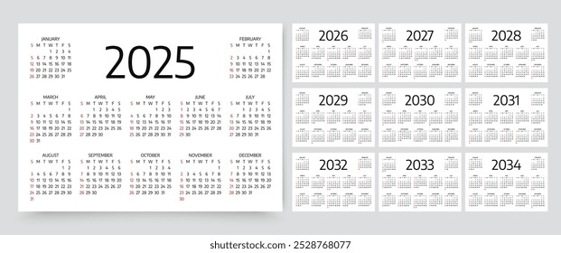 2025, 2026, 2027, 2028, 2029, 2030, 2031, 2032, 2033, 2034 calendars. Calender templates for year. Week starts Sunday. Planner layout with 12 months. Yearly diary in English. Vector illustration