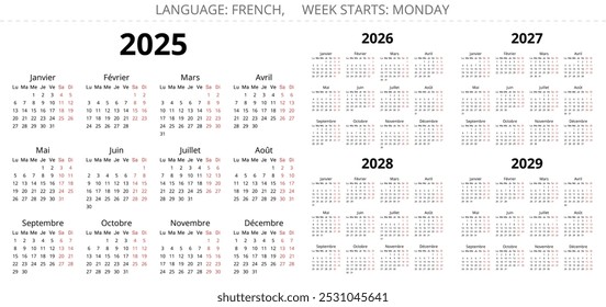 2025, 2026, 2027, 2028, 2029 französischer Jahreskalender. Bedruckbares Vektorgrafik-Set für Frankreich - Calendrier