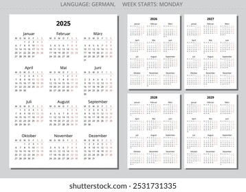 2025, 2026, 2027, 2028, 2029 year vertical german calendars with shadow. Printable vector illustration set for Germany