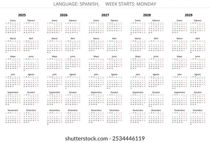 2025, 2026, 2027, 2028, 2029 vertical spanish year calendars. Simple vector illustration set for Spain - Espanol Calendario