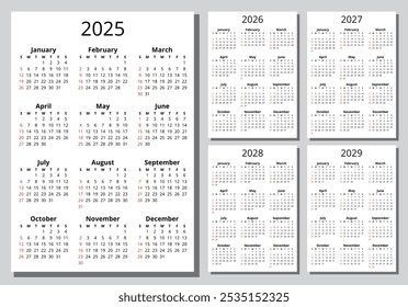 2025, 2026, 2027, 2028, 2029 years english annual calendars with 12 months. Paper pages. Printable vector illustration
