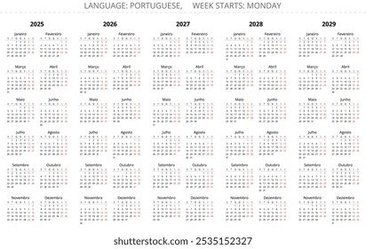 Calendarios anuales portugueses de 2025, 2026, 2027, 2028 y 2029. Ilustración vectorial fijada para Portugal