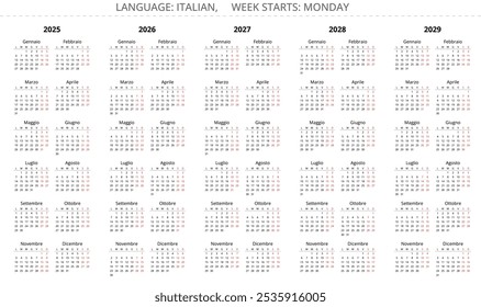 2025, 2026, 2027, 2028, 2029 italian vertical calendars (calendario italiano). Simple editable vector illustration year set for Italy