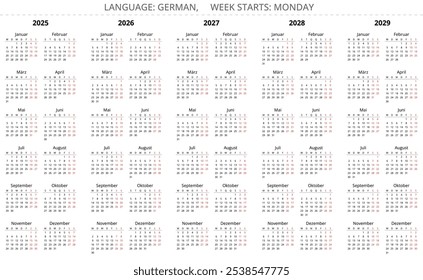 2025, 2026, 2027, 2028, 2029 calendário alemão vertical. Conjuntos de ilustração vetorial para impressão para Alemanha - kalender 