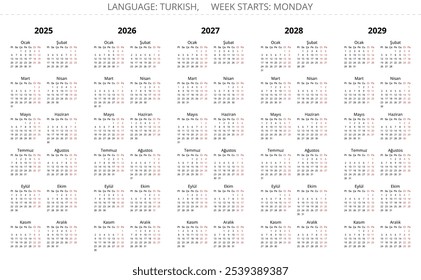 2025, 2026, 2027, 2028, 2029 año de Vertical Calendarios simples turcos. Colección de Ilustración vectorial imprimible para Turquía