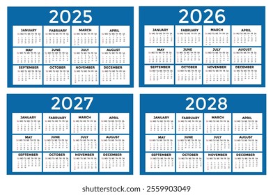 2025, 2026 and 2027, 2028 calendar set. Vector illustration design. Week starts on Sunday. January, February, March, April, May, June, July, August, September, October, November, December
